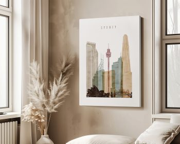 Art print of a stylized cityscape of Sydney featuring notable buildings and landmarks.