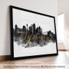 Framed art print of Sydney skyline with the word 'Sydney' in gold lettering.