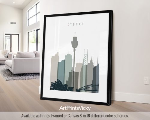 Sydney minimalist city print in cool Earth Tones 4 style featuring clean lines and the Opera House by ArtPrintsVicky