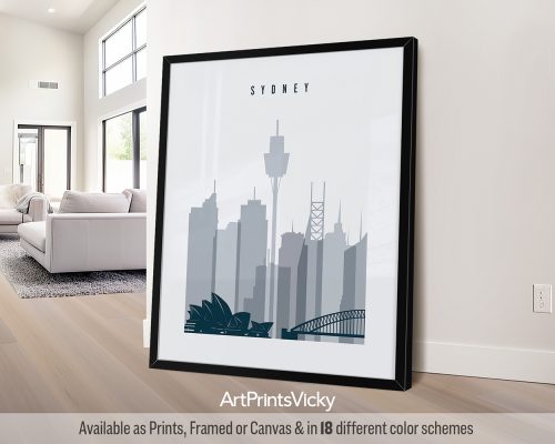 Sydney city skyline poster featuring the Sydney Opera House in a grey blue color scheme by ArtPrintsVicky