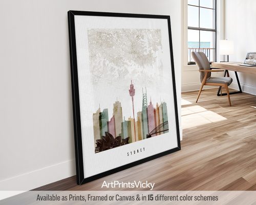 Sydney minimalist map and skyline poster featuring the Sydney Opera House, Harbour Bridge, iconic landmarks, and street layout, all rendered in a rich and expressive Watercolor 1 style. by ArtPrintsVicky.