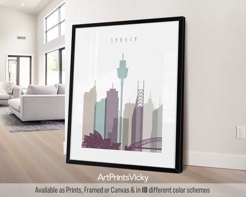 Modern Sydney skyline featuring iconic landmarks like the Opera House and Harbour Bridge in a cool and calming Pastel 2 palette, by ArtPrintsVicky.