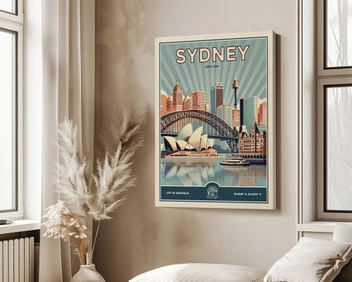 Retro poster of Sydney featuring the Sydney Opera House and Harbour Bridge with a city skyline.