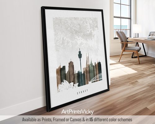 Sydney, Australia skyline & map print featuring iconic landmarks and a detailed street layout in a warm and textured Earthy Watercolor 2 style, by ArtPrintsVicky.