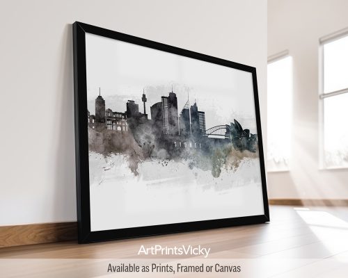 Watercolor art poster of the Sydney skyline, featuring the Opera House, Harbour Bridge, and vibrant colors by ArtPrintsVicky.