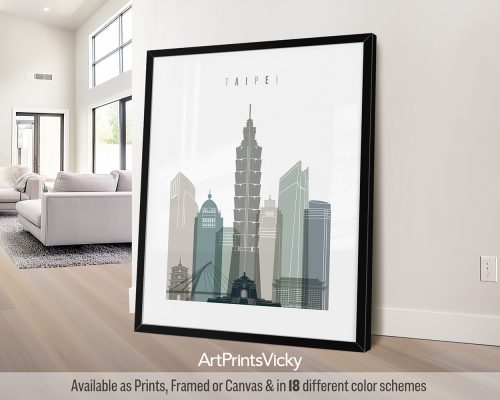 Contemporary Taipei city skyline print featuring Taipei 101, vibrant cityscape, and natural surroundings in a cool, natural Earth Tones 4 palette, by ArtPrintsVicky.