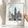 Framed artwork depicting a watercolor illustration of Taipei's skyline with the Taipei 101 building.
