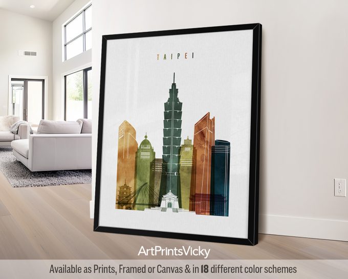 Art print featuring a stylized illustration of Taipei's skyline with prominent buildings.