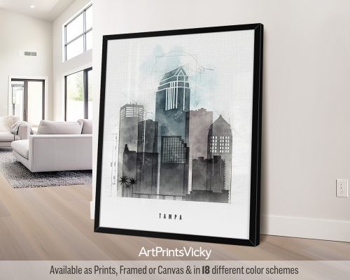 Tampa, Florida city print featuring iconic landmarks, and the vibrant cityscape in an architectural Urban 1 style with bold lines, by ArtPrintsVicky.