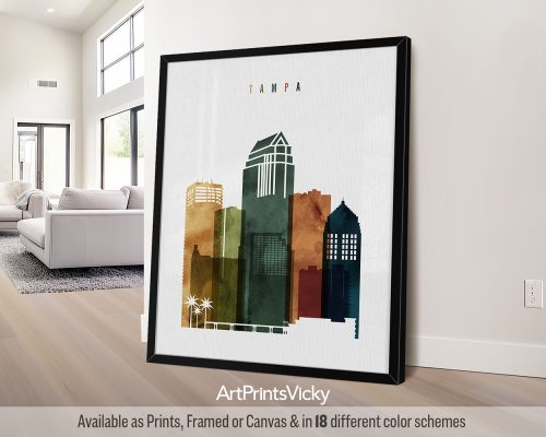 Tampa city skyline print featuring iconic landmarks, and vibrant cityscape in a rich and colorful Watercolor 3 style, by ArtPrintsVicky.