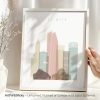 Art print of a stylized cityscape featuring buildings from Tel Aviv in pastel colors.