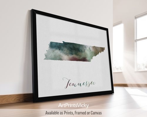 Earthy watercolor print of the Tennessee state map, with "Tennessee" written below in handwritten script, on a textured background. Perfect for lovers of the Volunteer State, Country Music, and the Great Smoky Mountains by ArtPrintsVicky.