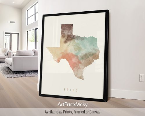 Texas map poster in a warm Pastel Cream watercolor style, by ArtPrintsVicky.