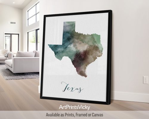 Earthy watercolor painting of the Texas state map, with "Texas" written below in handwritten script, on a textured background. Perfect for lovers of the Lone Star State's diverse landscapes by ArtPrintsVicky.