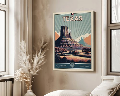 Vintage-style poster featuring a Texas landscape with mountains and the word 'Texas' at the top.