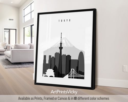 Tokyo skyline poster with iconic landmarks in a black and white theme by ArtPrintsVicky.