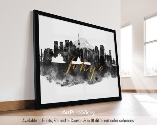 Black and white watercolor art print featuring a breathtaking vista of the Tokyo cityscape with iconic landmarks like Tokyo Tower. The city's name s written in a bold faux gold font in the middle of the print. by ArtPrintsVicky.