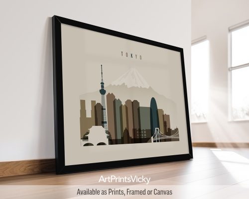 Tokyo Japan landscape skyline art print in earth tones 3 by ArtPrintsVicky
