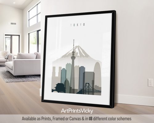 Tokyo minimalist city print in cool Earth Tones 4 style. Geometric shapes depict skyscrapers and the iconic Tokyo Tower by ArtPrintsVicky