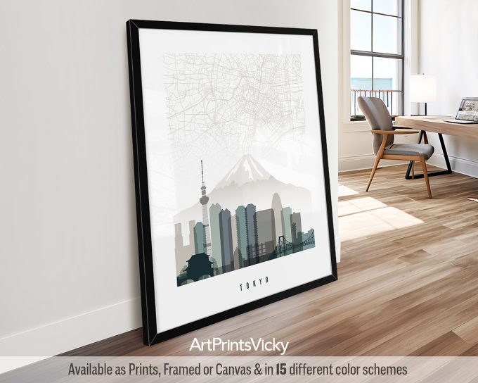 Art print featuring a stylized cityscape of Tokyo with Mount Fuji and skyscrapers.