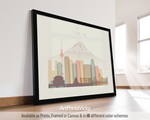 Tokyo skyline in warm pastel cream theme, landscape orientation, modern city print by ArtPrintsVicky