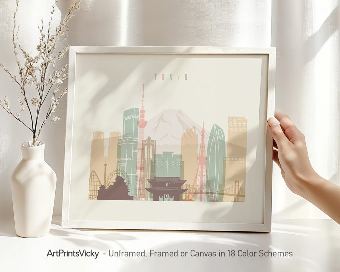 Art print of a stylized Tokyo cityscape featuring iconic landmarks and Mount Fuji.