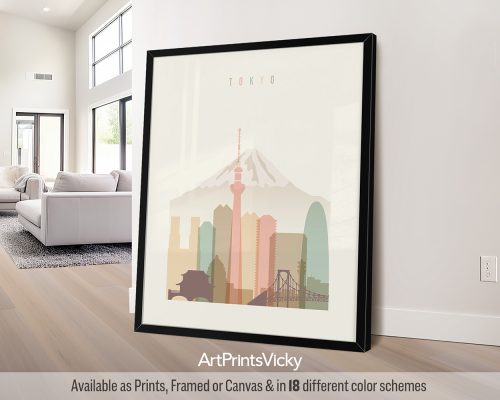 Tokyo skyline in warm pastel cream theme, modern city print by ArtPrintsVicky