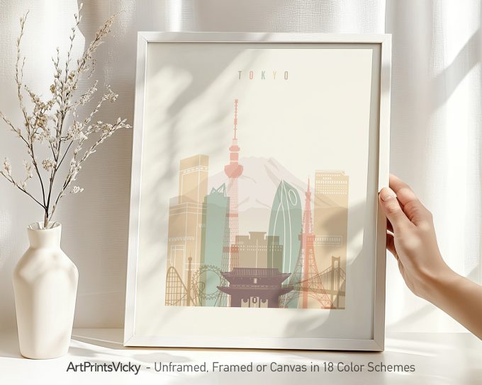 Art print of Tokyo cityscape featuring iconic landmarks like Tokyo Tower and Mount Fuji.