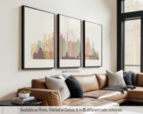 Minimalist Tokyo skyline triptych featuring the Tokyo Tower, Tokyo Skytree, iconic landmarks, and vibrant cityscape in a warm, vintage-inspired Pastel Cream palette, divided into three prints. by ArtPrintsVicky.
