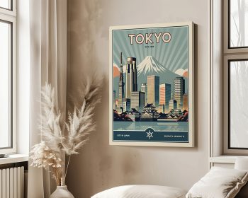 Retro-style art print featuring Tokyo skyline with Mount Fuji in the background.