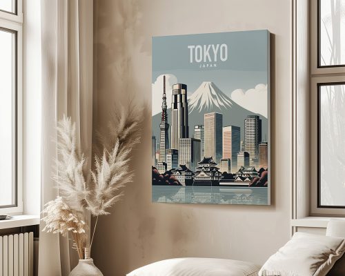 Illustration of Tokyo skyline featuring Mount Fuji and modern buildings with a traditional structure.