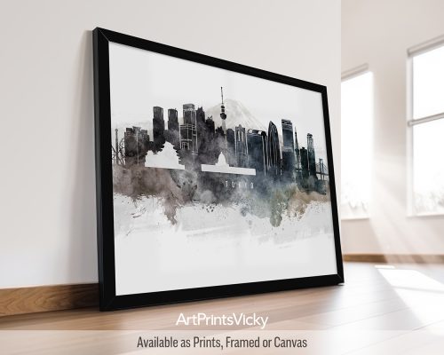 Watercolor art poster of the Tokyo skyline, featuring iconic landmarks, and vibrant twilight hues by ArtPrintsVicky.