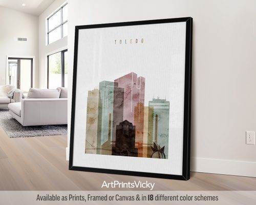 Toledo, Ohio city skyline print featuring the Toledo Museum of Art, vibrant cityscape, and iconic landmarks in a rich, textured, warm Watercolor 1 style, by ArtPrintsVicky.