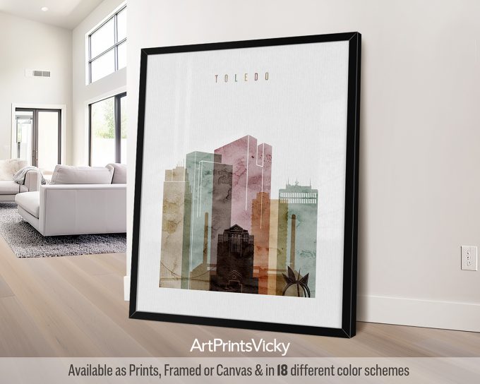 Art print featuring a stylized cityscape of Toledo with various buildings and colors.