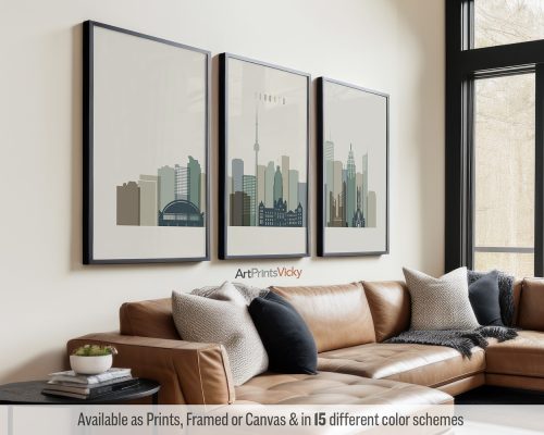 Toronto skyline triptych featuring the CN Tower, iconic landmarks, and vibrant cityscape in a warm and earthy "Earth Tones 1" palette, divided into three contemporary prints. by ArtPrintsVicky.