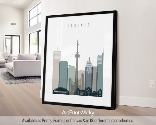 Toronto minimalist city print in cool Earth Tones 4 style featuring the CN Tower and urban skyline by ArtPrintsVicky