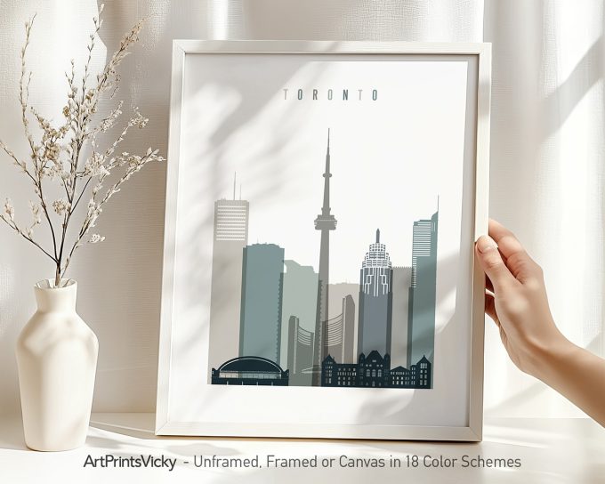Framed cityscape print of Toronto featuring notable buildings and the CN Tower.