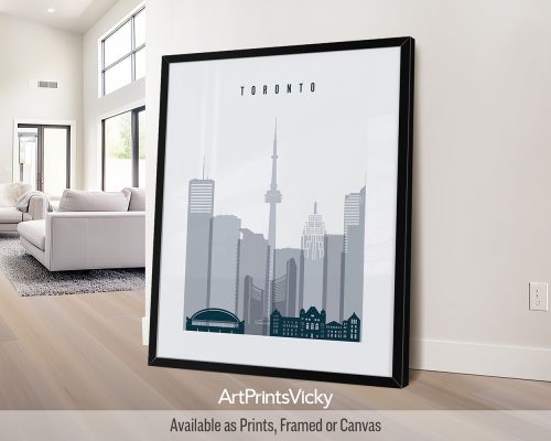 Toronto city skyline poster featuring the CN Tower and cityscape in a grey blue color palette by ArtPrintsVicky
