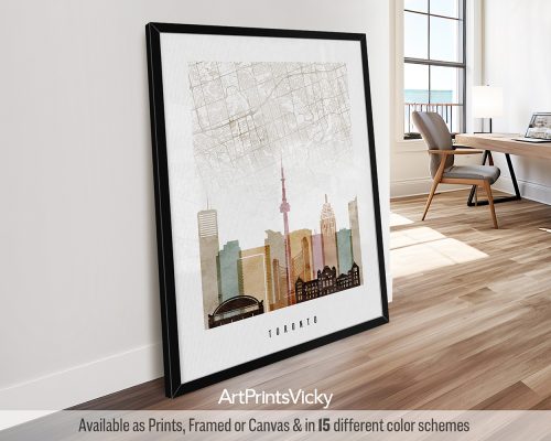 Toronto minimalist map and skyline poster featuring the CN Tower, iconic landmarks, and street layout, all rendered in a rich and expressive Watercolor 1 style. by ArtPrintsVicky.