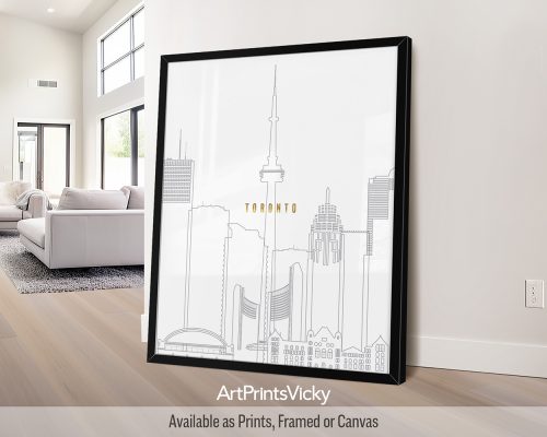 Toronto city poster featuring the CN Tower and iconic landmarks, outlined in dark grey against an earthy background with a faux gold title, by ArtPrintsVicky.