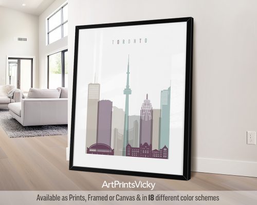 Minimalist Toronto skyline print featuring the CN Tower and other iconic landmarks in a soft and dreamy Pastel 2 palette, by ArtPrintsVicky.