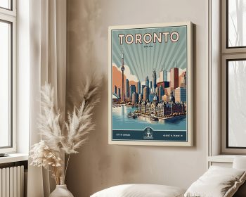 Vintage-style print of Toronto's skyline featuring the CN Tower and city buildings.