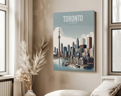 Illustration of Toronto skyline with the CN Tower and waterfront buildings in a stylized design.