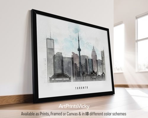 Toronto landscape skyline featuring the CN Tower and iconic landmarks in a bold Urban 1 style with strong lines, by ArtPrintsVicky.