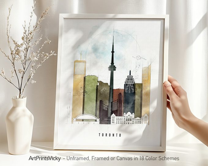 Art print featuring a stylized illustration of the Toronto skyline with notable buildings.