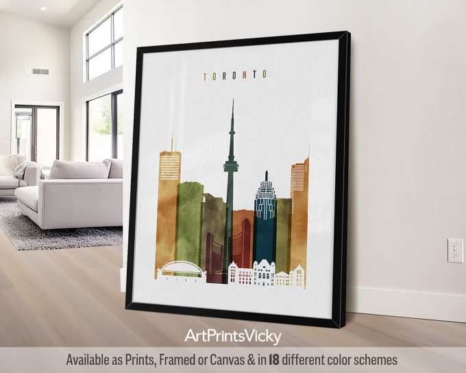 Art print of Toronto city skyline featuring notable buildings and the CN Tower.