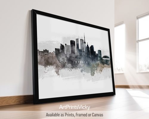 Watercolor art poster of the Toronto skyline, featuring the CN Tower and vibrant cityscape colors by ArtPrintsVicky.