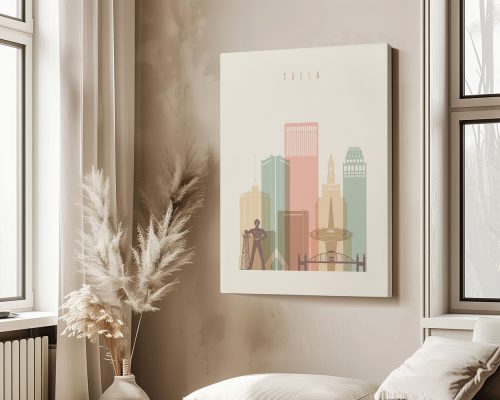 Art print of the Tulsa city skyline featuring various buildings and architectural elements.