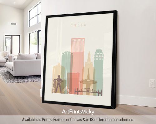 Tulsa skyline in warm pastel cream theme, modern city print by ArtPrintsVicky