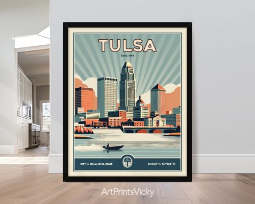Retro Tulsa art print featuring a classic car